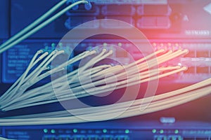 Information Technology Computer Network. Network Switch and ethernet cables.