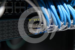 Information Technology Computer Network. Network Switch and ethernet cables.