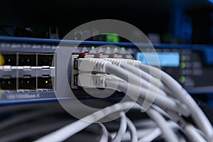 Information Technology Computer Network. Network Switch and ethernet cables.