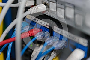 Information Technology Computer Network. Network Switch and ethernet cables.