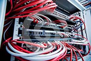 Network switch and ethernet cables in red and white colors. Data Center