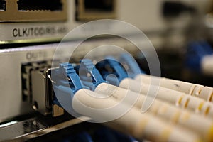 network switch with fiber optic cables closeup