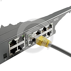 Close up of a network switch with an ethernet cable plugged in isolated on white background