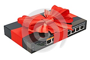 Network switch with ribbon and bow, gift concept. 3D rendering