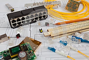 Network switch, UTP ethernet and optical cable and other electronic components