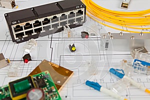 Network switch, UTP ethernet and optical cable and other electronic components