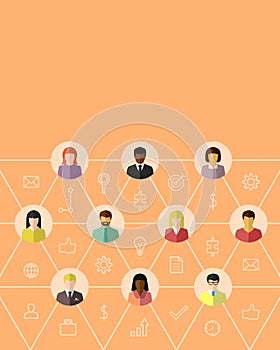 Network or teamwork concept with diverse business people and icons in flat design