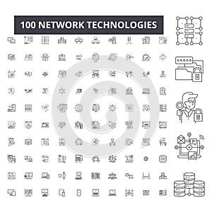 Network technologies editable line icons, 100 vector set, collection. Network technologies black outline illustrations