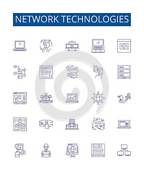 Network technologies line icons signs set. Design collection of Networking, Technologies, LAN, WAN, Routers, Switches