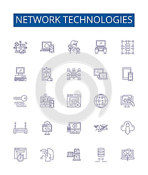 Network technologies line icons signs set. Design collection of Networking, Technologies, LAN, WAN, Routers, Switches