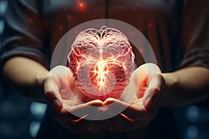 Network technology hologram of the human brain in human hands. in the sci-fi futuristic concept of AI, AI as helping a