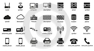 Network and Technology Icons - Router, Computer, Server, Cloud, Firewall, Database, Ethernet, Wireless, Mobile, Printer, Phone