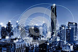 Network Telecommunication and Communication Connect Concept, Connection 5G Networking System of Infrastructure and Cityscape at photo