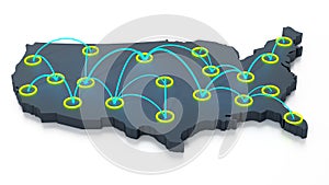 Network of travel points on usa map. 3D illustration