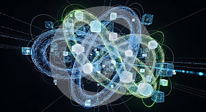 Abstract network visualization with glowing cubes and interconnected lines on black background