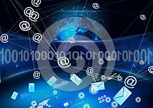 Network of web icons against globe and binary coding data processing on blue background