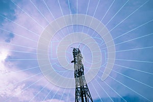 Network wireless. Radio telecommunication tower cellular antenna. Mobile cell phone communication technology. 5g