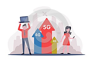 Network wireless technologies. People using high speed mobile internet for working and communication cartoon vector