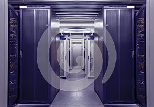 Network workstation blue server room interior in data centre. Web telecommunication, internet connection, cloud
