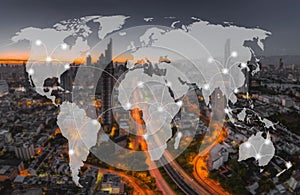 Network and world map on blur cityscape for communication or transportation concept background, Part of this image furnished by