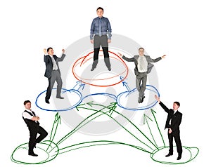 Networking businessman drawing scheme on white