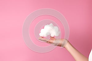 networking connected being concept marketing communication background pink text space copy empty hand cloud white Holding