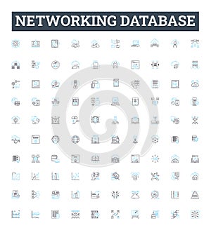 Networking database vector line icons set. Network, Database, SQL, Connection, Table, Schema, Keys illustration outline