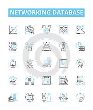 Networking database vector line icons set. Network, Database, SQL, Connection, Table, Schema, Keys illustration outline