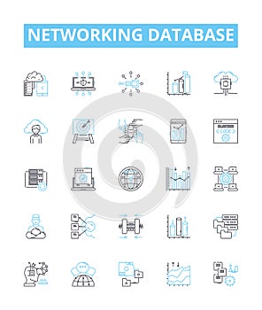 Networking database vector line icons set. Network, Database, SQL, Connection, Table, Schema, Keys illustration outline