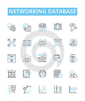 Networking database vector line icons set. Network, Database, SQL, Connection, Table, Schema, Keys illustration outline
