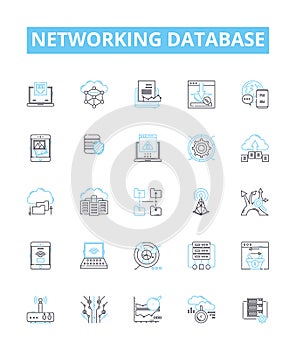 Networking database vector line icons set. Network, Database, SQL, Connection, Table, Schema, Keys illustration outline