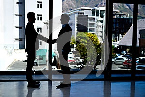 Networking is essential to get ahead. two businessmen shaking hands in an office.