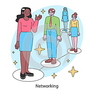 Networking. Female business character building professional connections