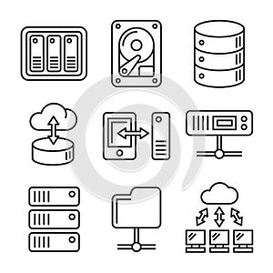 Networking File Share and NAS Server Icons Set. Line Style Vector photo