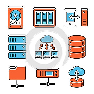 Networking File Share and NAS Server Icons Set. Vector photo