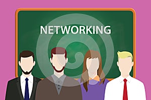 Networking illustration with four people in front of green chalk board and white text