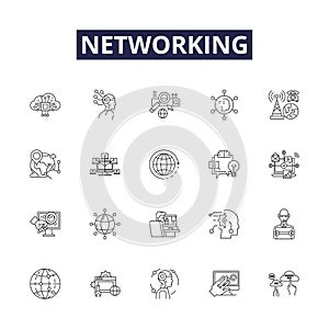 Networking line vector icons and signs. Connecting, Linking, Interlinking, Interconnecting, Socializing, Communicating