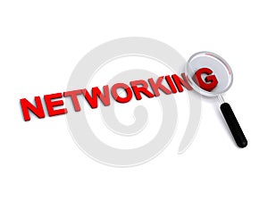 Networking with magnifying glass on white