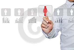 Networking and recruitment in Human resources for data mining,concept in officer looking a women for employee.