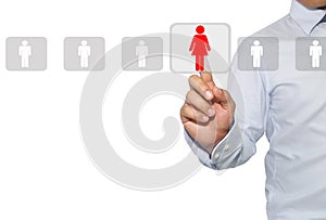 Networking and recruitment in Human resources for data mining,concept in officer looking a women for employee.