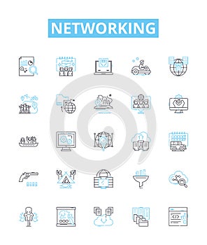 Networking vector line icons set. Networking, LAN, WAN, WiFi, Routers, Hubs, Ethernet illustration outline concept