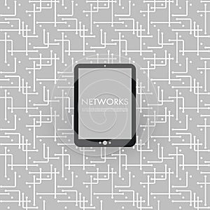 Networks, Connections, Mobility - Tablet PC on Black and White Mesh Pattern - Abstract Vector Background