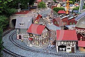 Netzschkau, Germany - July 2, 2023: Model garden railroad on Kuhberg hill near Netzschkau in Vogtland district of Saxony. Railroad