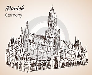 Neues Rathaus - new Rathaus. Munchen, Germany. Sketch.