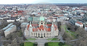 Neues Rathaus, townhall in Hanover, Germany. Historical monument. New Town Hall, landmark in large city. Birds eye