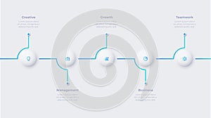 Neumorphic concept of development process with 5 options. Infographic timeline