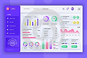 Neumorphic dashboard UI kit. Admin panel vector design template with infographic elements, HUD diagram, info graphics. Website