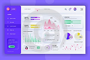 Neumorphic dashboard UI kit. Admin panel vector design template with infographic elements, HUD diagram, info graphics. Website