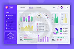 Neumorphic dashboard UI kit. Admin panel vector design template with infographic elements, HUD diagram, info graphics. Website