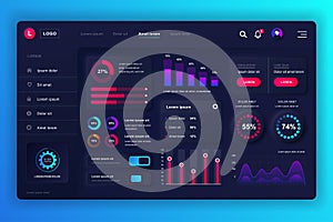 Neumorphic dashboard UI kit. Admin panel vector design template with infographic elements, HUD diagram, info graphics. Website